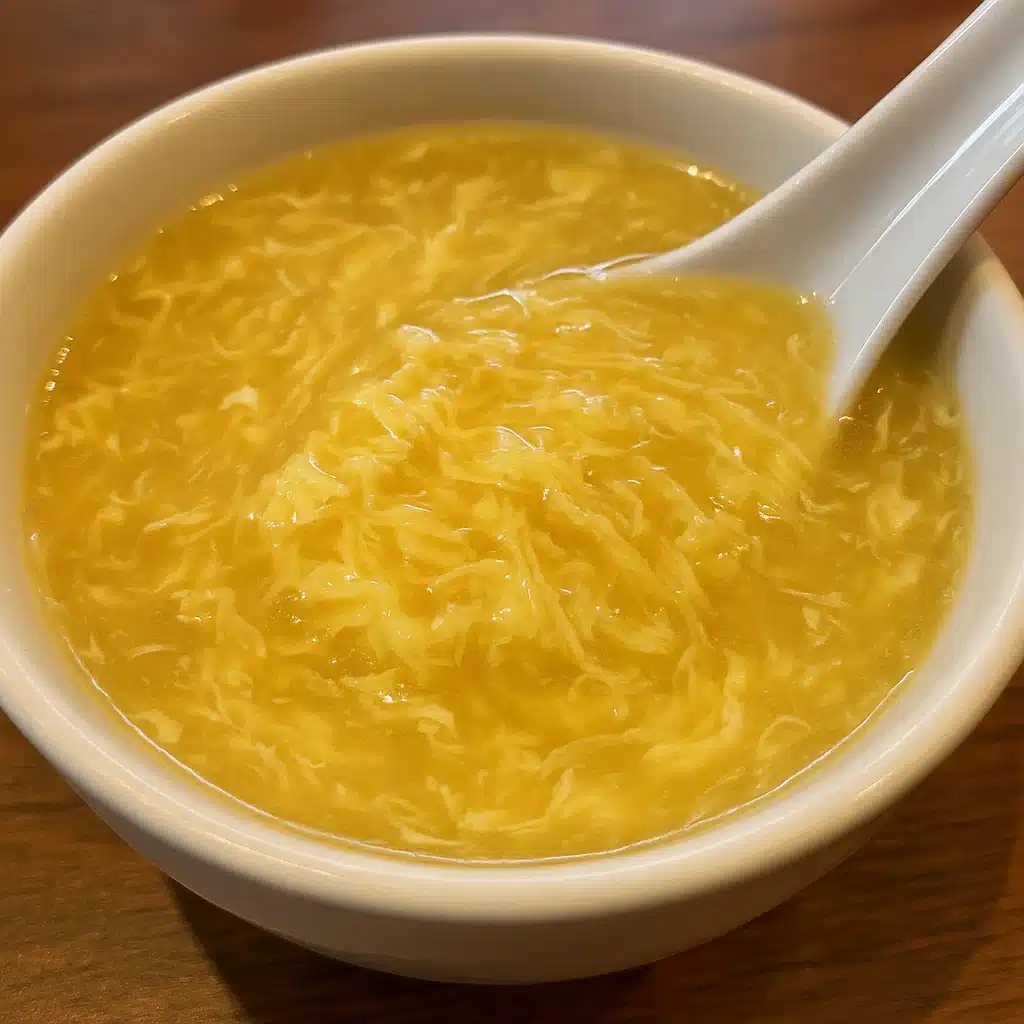 A bowl of homemade egg drop soup with delicate egg ribbons, garnished with sliced green onions and a drizzle of sesame oil