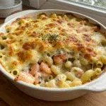 Golden-topped baked seafood pasta in a white ceramic baking dish, with visible shrimp, mussels, and pasta in creamy sauce, garnished with fresh parsley