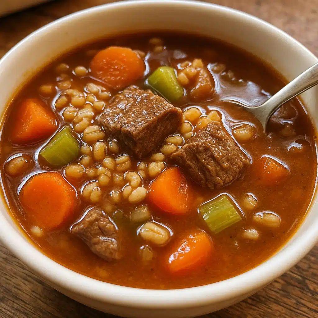 Home Page 3 A steaming bowl of hearty beef barley soup filled with tender beef chunks, colorful vegetables, and pearl barley in a rich brown broth, garnished with fresh parsley