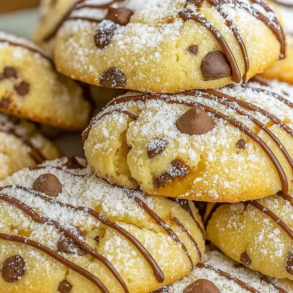 Soft cannoli cookies with chocolate chunks and pistachios on white plate, some with chocolate drizzle
