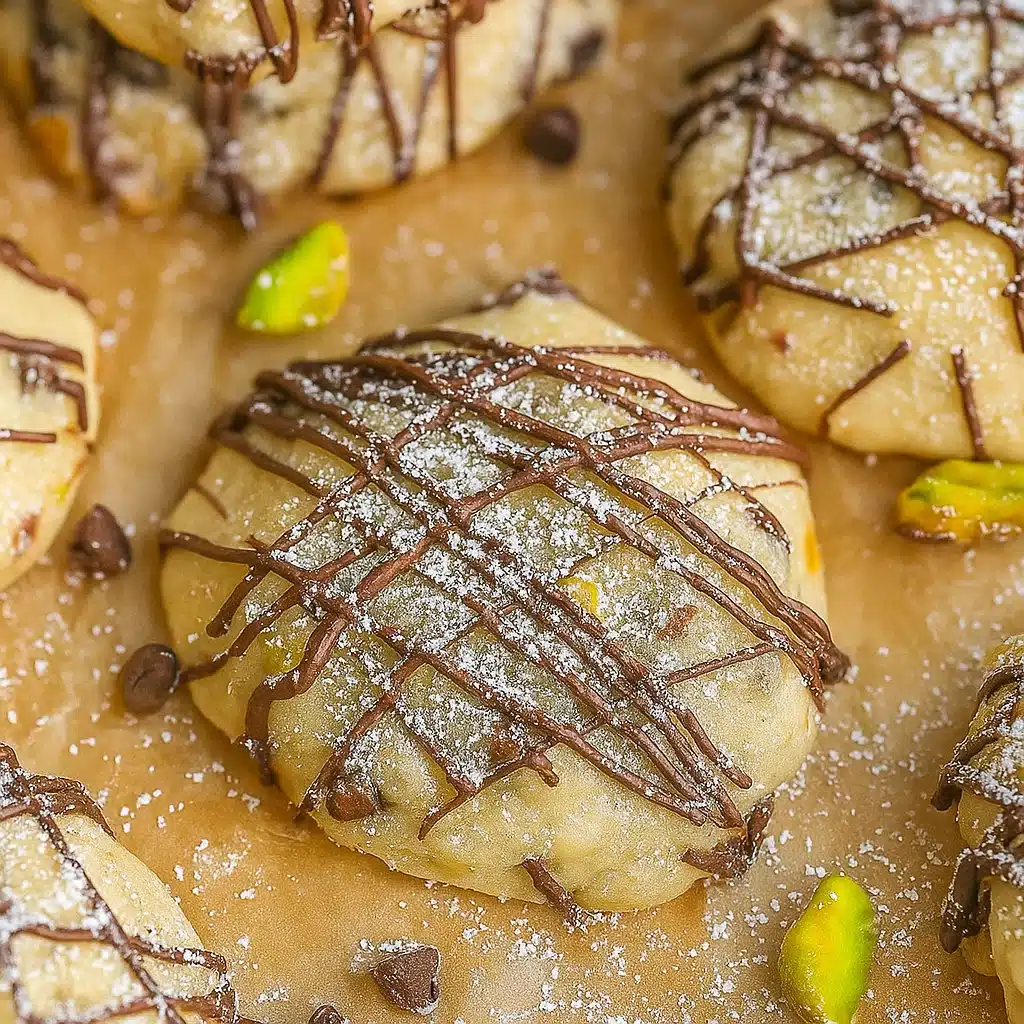Home Page 4 Soft cannoli cookies with chocolate chunks and pistachios on white plate, some with chocolate drizzle