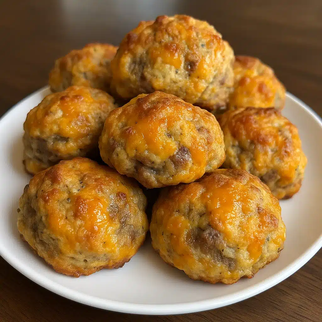 Golden brown Cheddar Bay sausage balls arranged on a white platter, showing their perfectly crispy exterior and tender, cheesy interior