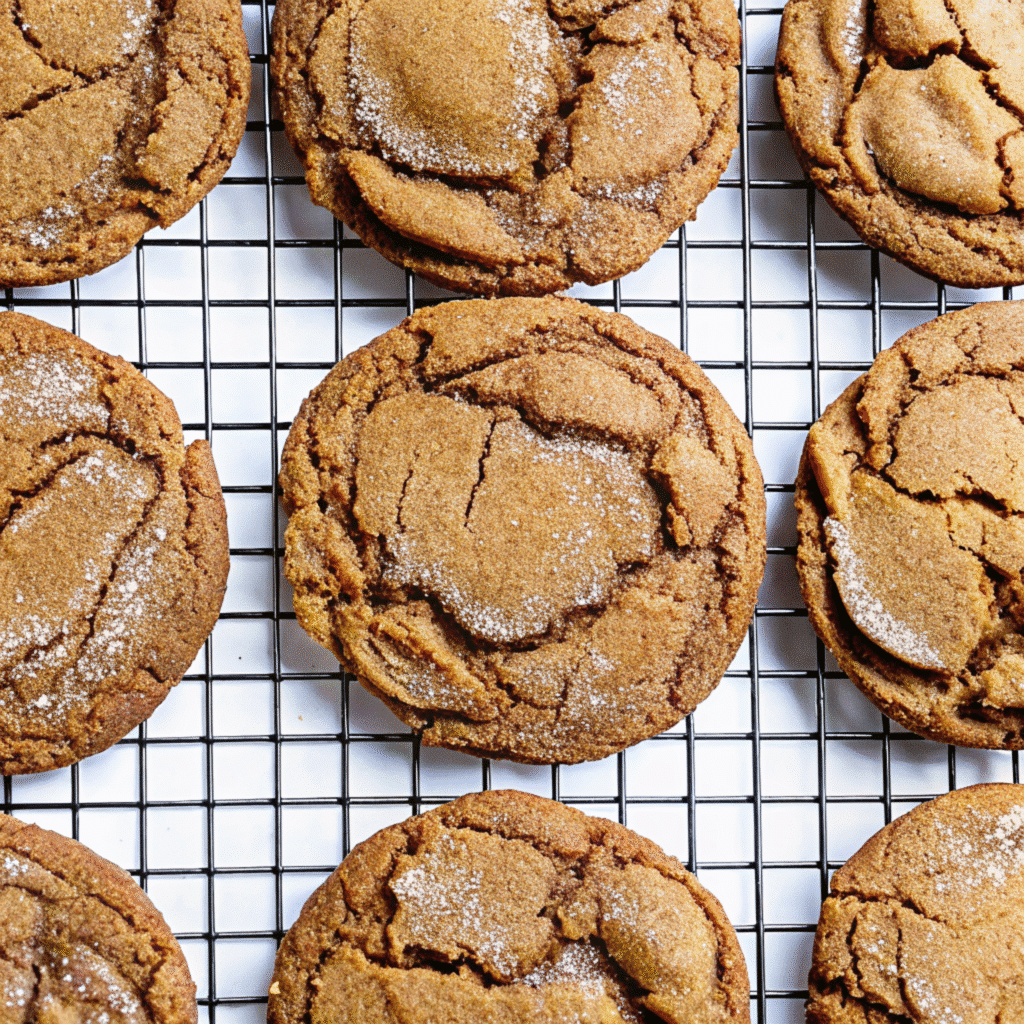 Gingerbread cheesecake cookies with a bite taken out showing creamy white cheesecake filling inside spiced cookie dough, rolled in cinnamon sugar