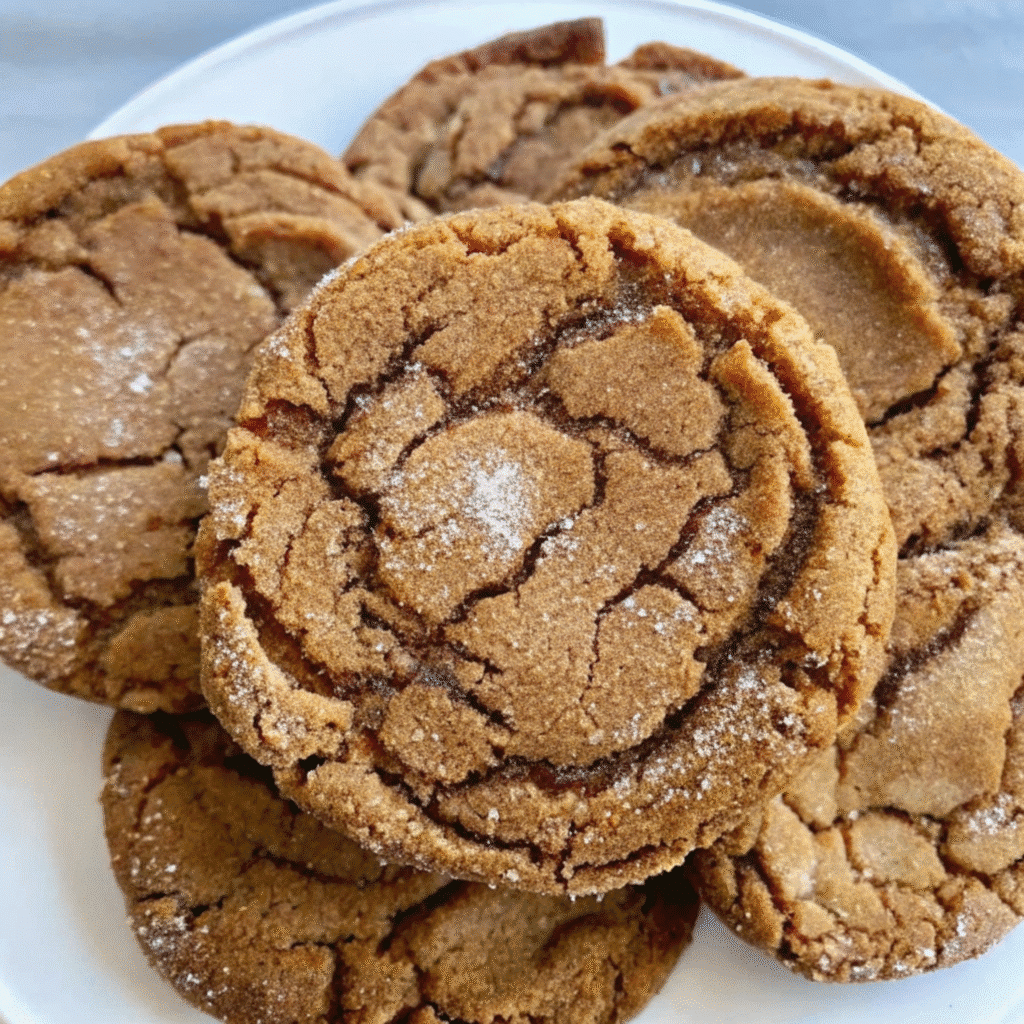 Gingerbread cheesecake cookies with a bite taken out showing creamy white cheesecake filling inside spiced cookie dough, rolled in cinnamon sugar