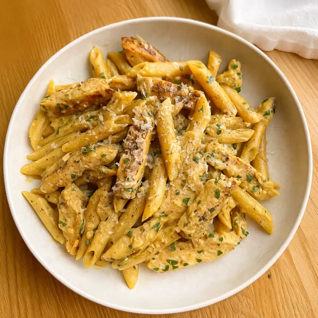 Home Page 19 Homemade one-pan garlic parmesan chicken pasta in a cast iron skillet with sliced seasoned chicken over creamy penne pasta, garnished with fresh parsley