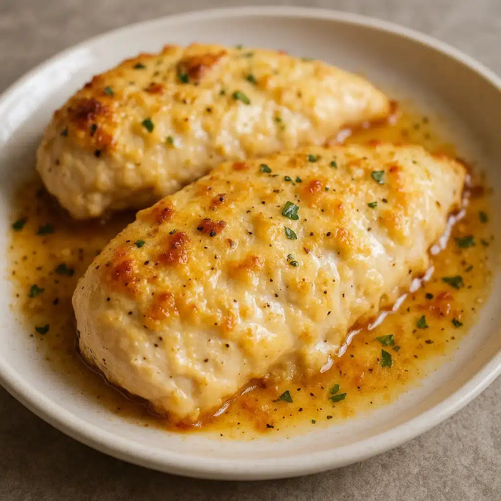 Home Page 5 Golden-brown baked Melt In Your Mouth Chicken Breast with crispy parmesan coating on a white serving platter, garnished with fresh parsley