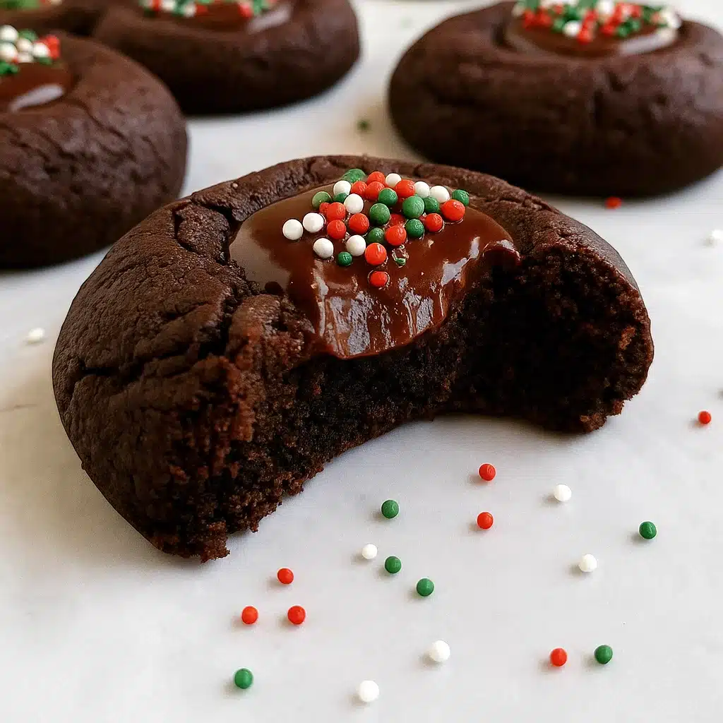 Home Page 2 Rich chocolate thumbprint cookies filled with glossy chocolate ganache, arranged on a white plate with scattered nonpareil sprinkles