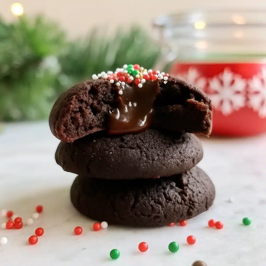 Rich chocolate thumbprint cookies filled with glossy chocolate ganache, arranged on a white plate with scattered nonpareil sprinkles