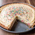 homemade sugar cookie cheesecake showing shortbread crust, creamy filling with cookie dough pieces, white frosting and rainbow sprinkles
