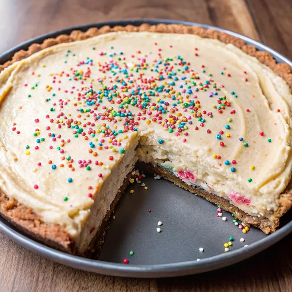 Home Page 3 homemade sugar cookie cheesecake showing shortbread crust, creamy filling with cookie dough pieces, white frosting and rainbow sprinkles