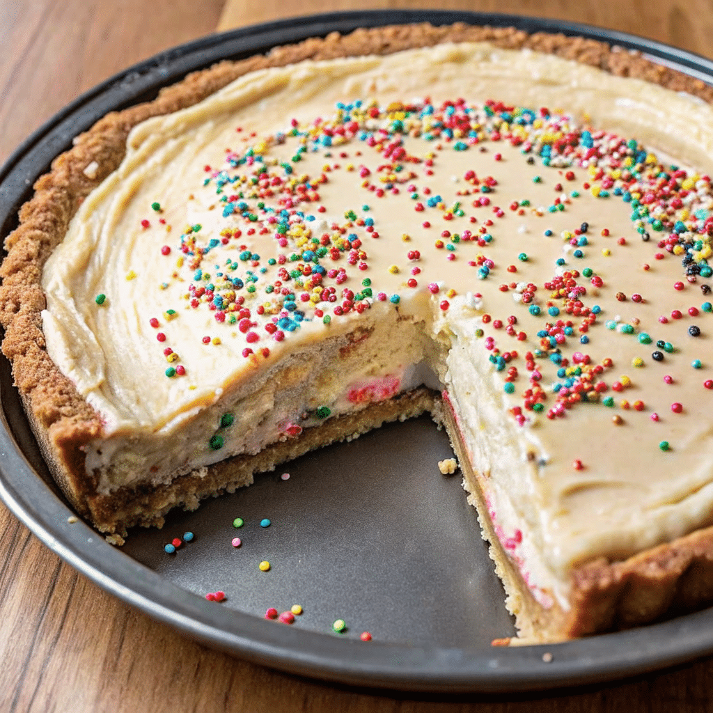 homemade sugar cookie cheesecake showing shortbread crust, creamy filling with cookie dough pieces, white frosting and rainbow sprinkles
