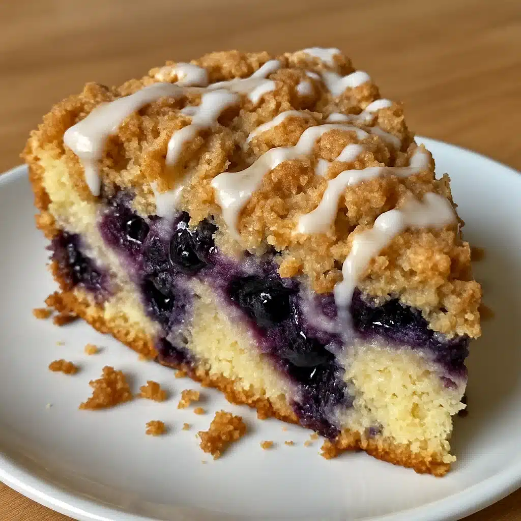 Messy slice of blueberry coffee cake with crumbly topping and berries falling out