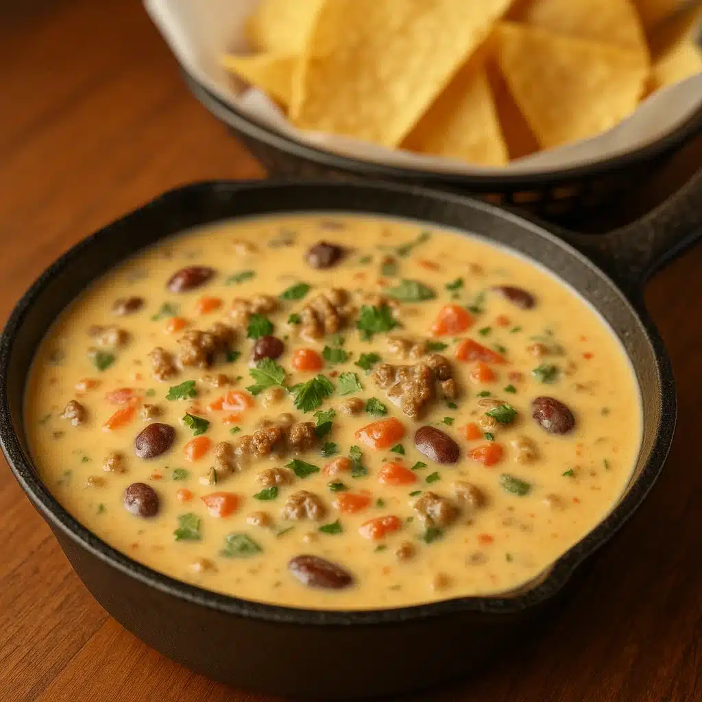 A large skillet filled with creamy cowboy queso topped with fresh diced tomatoes, cilantro, and served with tortilla chips