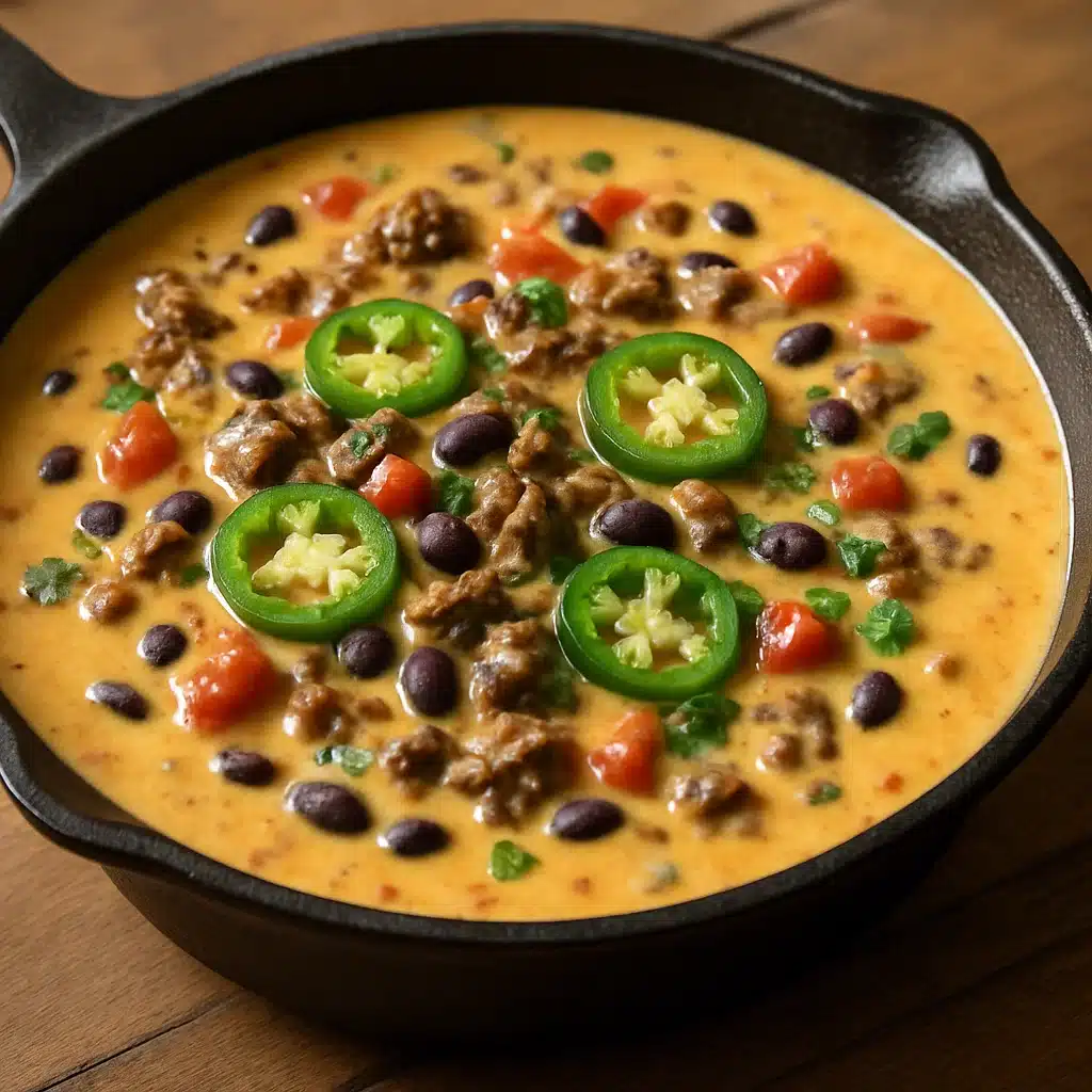 A large skillet filled with creamy cowboy queso topped with fresh diced tomatoes, cilantro, and served with tortilla chips