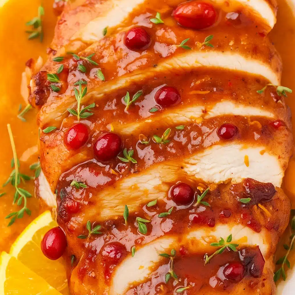 Golden-brown glazed turkey breast surrounded by vibrant red cranberry-orange sauce with fresh cranberries and orange zest garnish