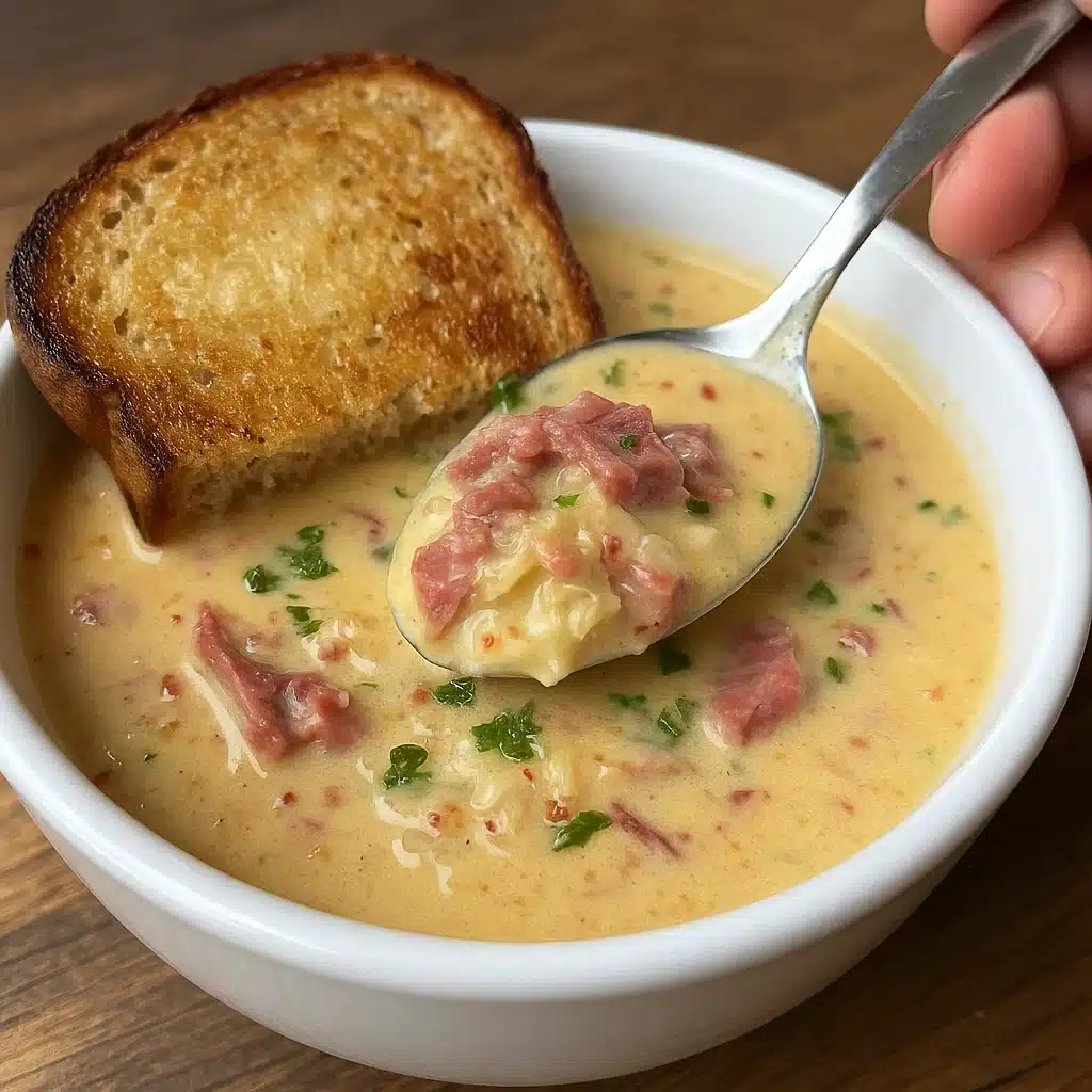 Home Page 6 Creamy Reuben soup topped with melted Swiss cheese and toasted rye bread triangles in white oven-safe bowls