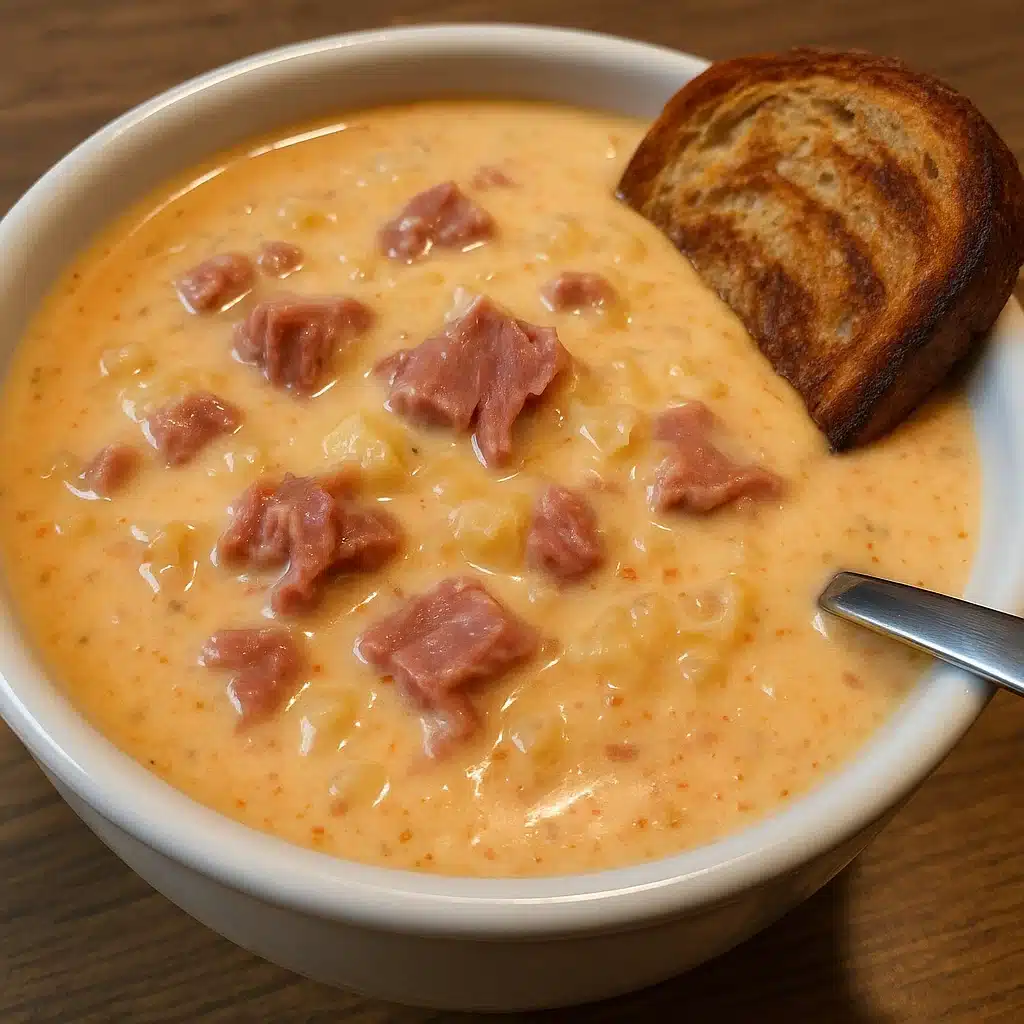 Creamy Reuben soup topped with melted Swiss cheese and toasted rye bread triangles in white oven-safe bowls