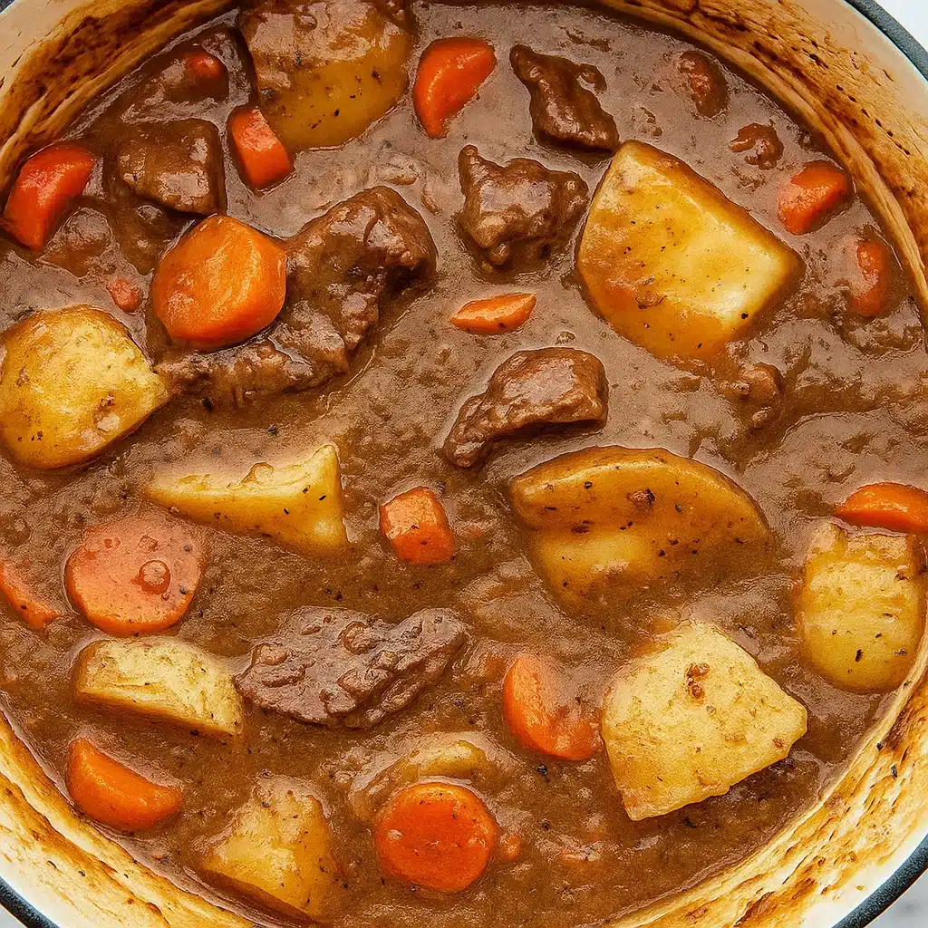 Dutch Oven Beef Stew 4 Steaming bowl of Dutch oven beef stew with tender chunks of beef, carrots, potatoes in rich brown broth, garnished with fresh parsle