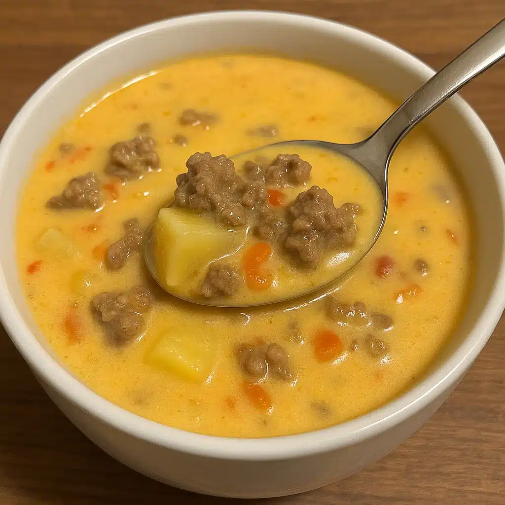 Cheeseburger soup that actually tastes like cheeseburgers. Kids approved, husband approved, basically liquid comfort food