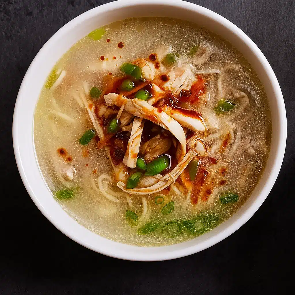Home Page 28 Bowl of ginger garlic chicken noodle soup with shredded chicken, ramen noodles, and scallions