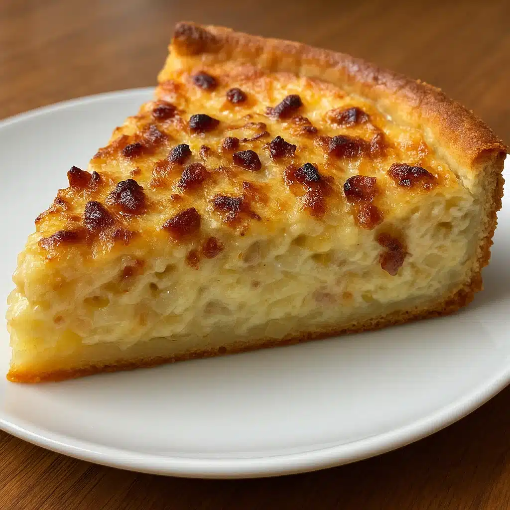 Homemade German onion pie with golden crust, caramelized onions and bacon pieces on wooden cutting board