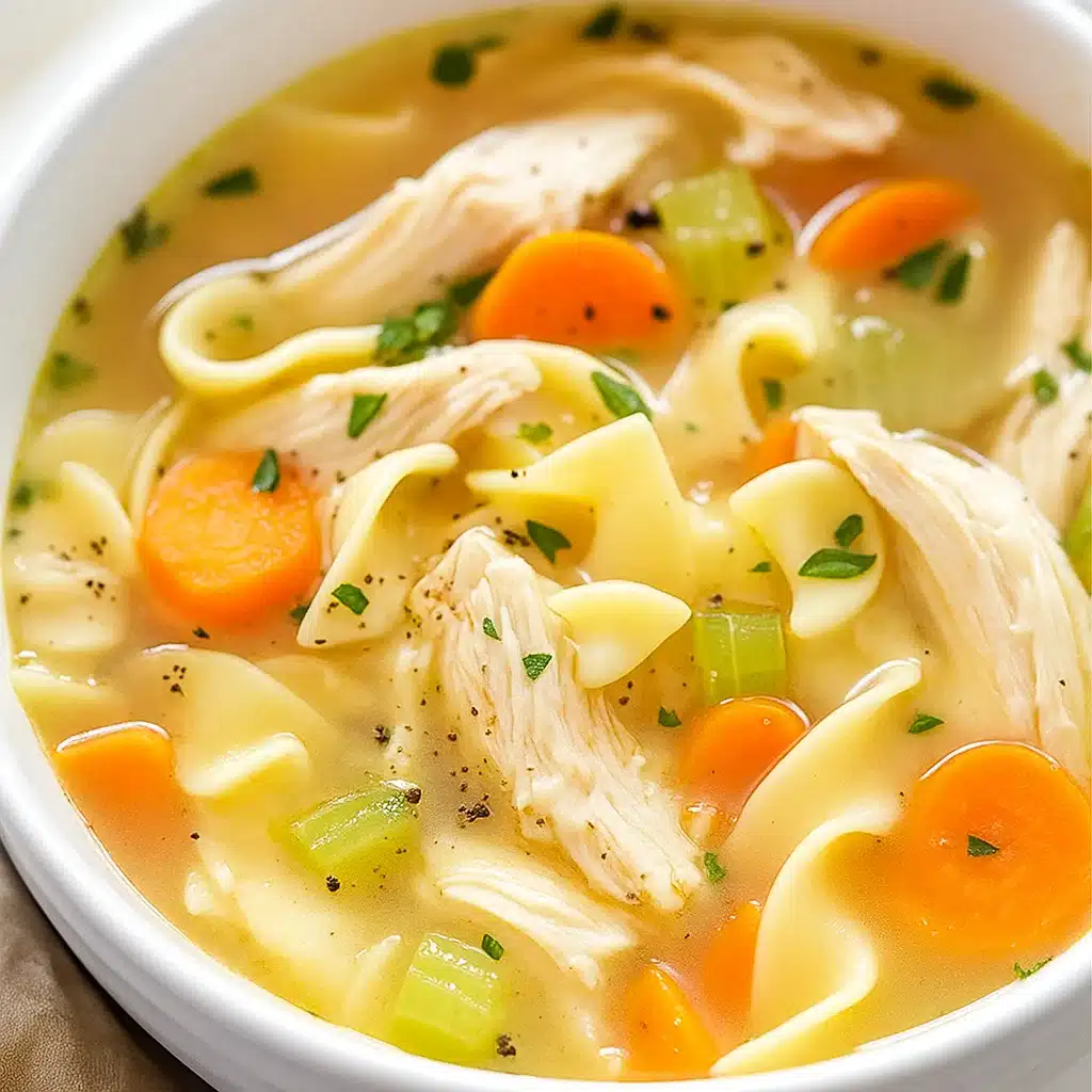 Crockpot Chicken Noodle Soup 4 A steaming bowl of homemade crockpot chicken noodle soup with tender shredded chicken, colorful vegetables, and wide egg noodles, garnished with fresh parsley