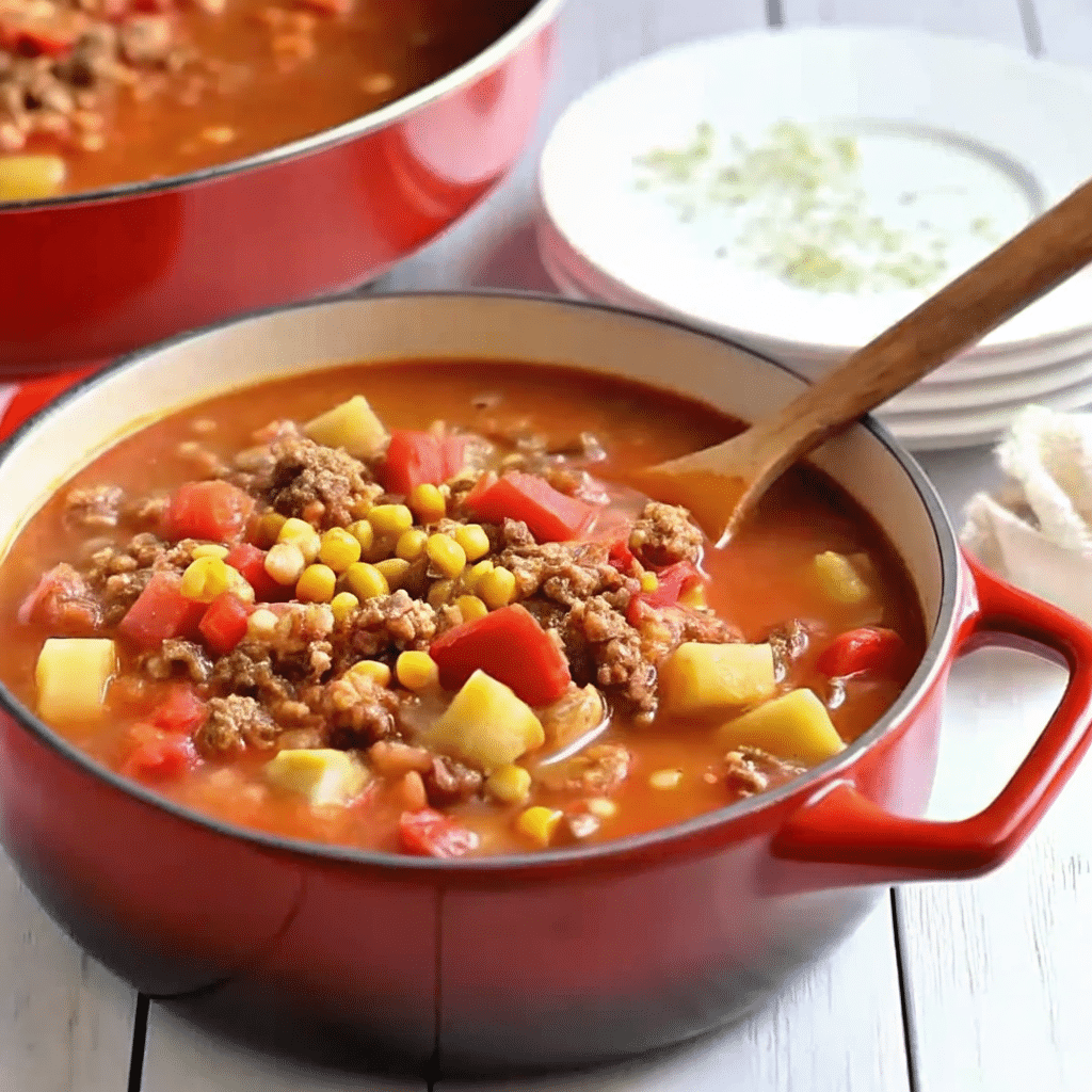 A hearty bowl of cowboy soup with ground beef, beans, corn, and potatoes in a rich tomato broth