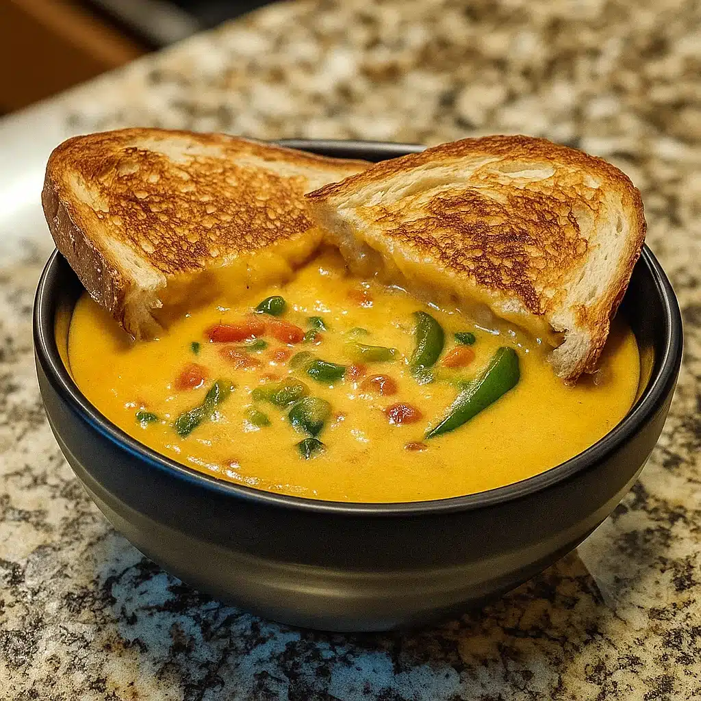 Home Page 11 Jalapeño Popper Soup with Grilled Cheese Dippers tastes like the appetizer but you eat it with a spoon, grilled cheese strips for dunking