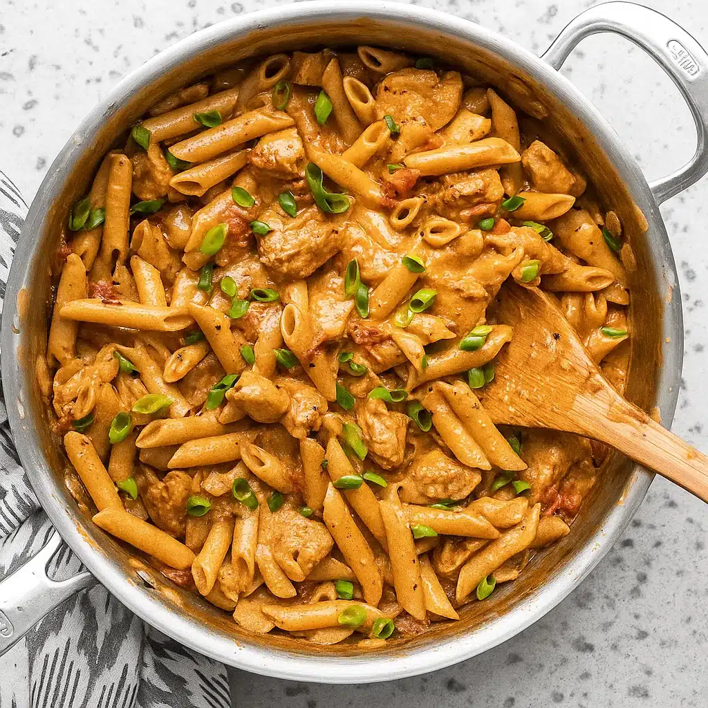 Creamy Cajun chicken pasta in a large skillet with tender penne noodles, seasoned chicken pieces, diced tomatoes, and sliced green onions garnish