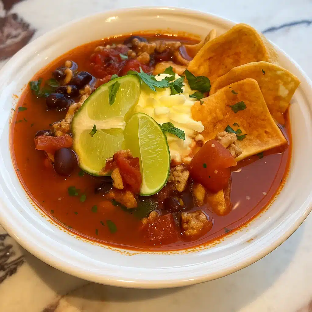 5 Ingredient Taco Soup 4 Bowl of homemade 5 ingredient taco soup with melted cheese, dollop of Greek yogurt, and crushed tortilla chips on top