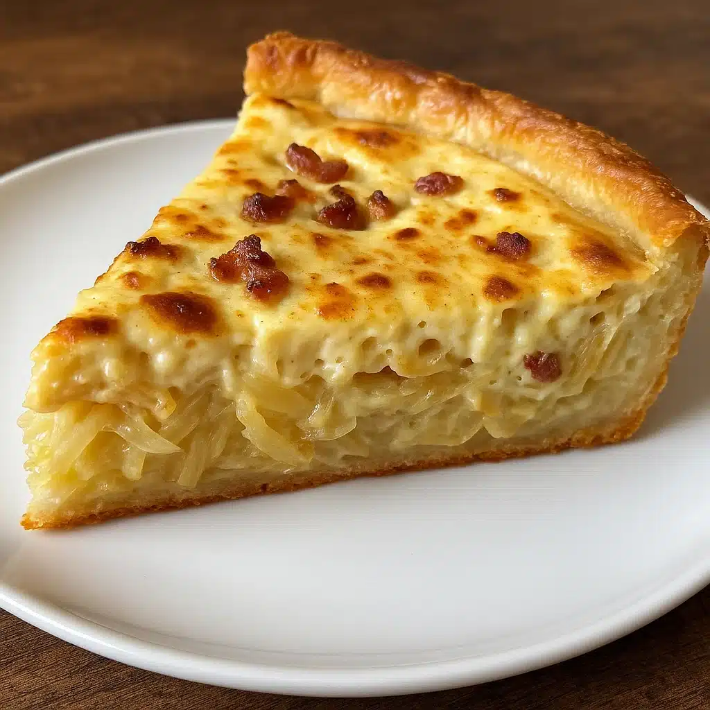 Home Page 18 Homemade German onion pie with golden crust, caramelized onions and bacon pieces on wooden cutting board