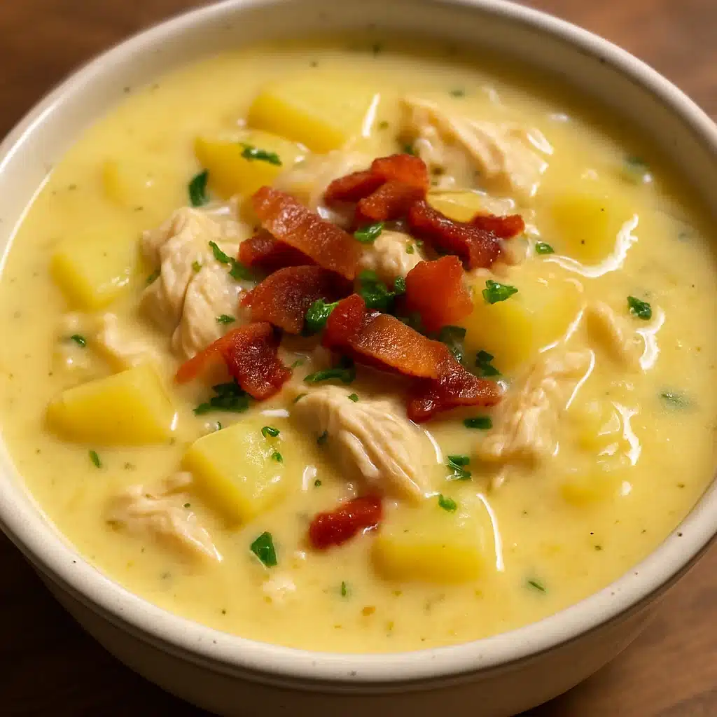 Home Page 20 A bowl of creamy chicken potato soup garnished with crispy bacon pieces and green onions, served with crusty bread