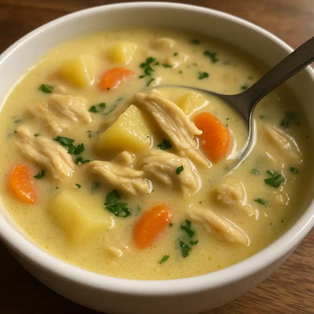 A bowl of creamy chicken potato soup garnished with crispy bacon pieces and green onions, served with crusty bread