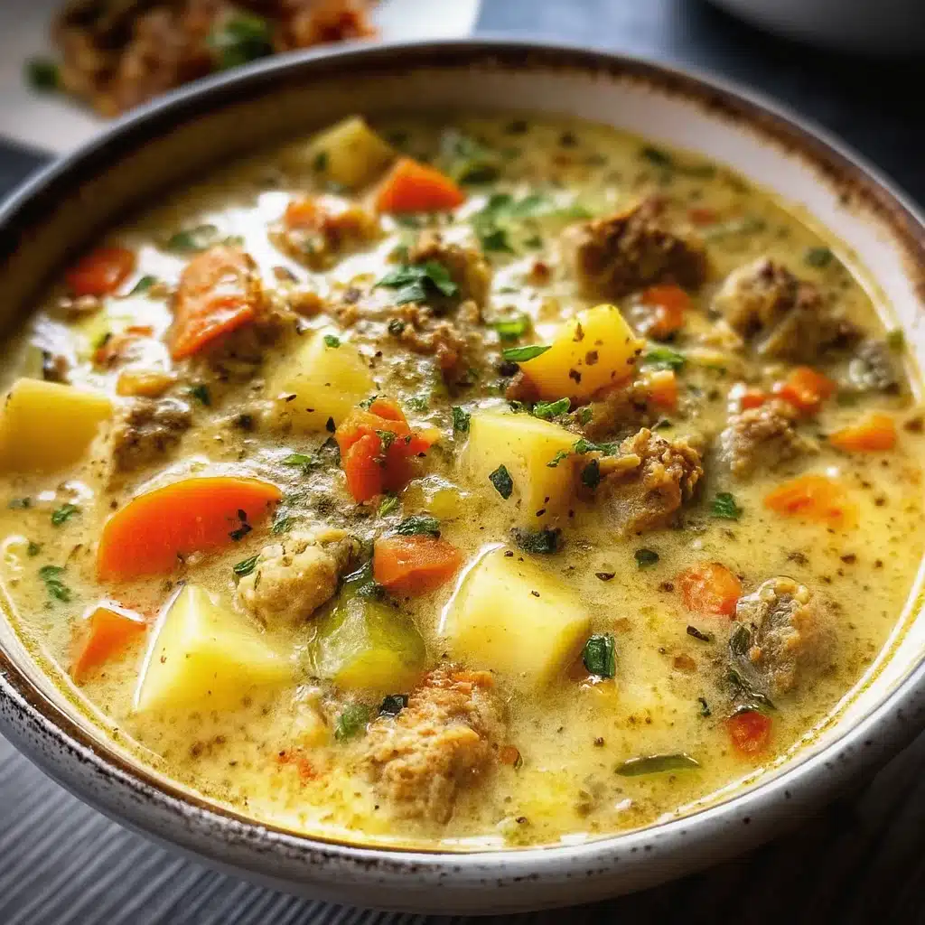 Home Page 30 Bowl of creamy potato and sausage chowder with wild rice and vegetables, garnished with fresh parsley