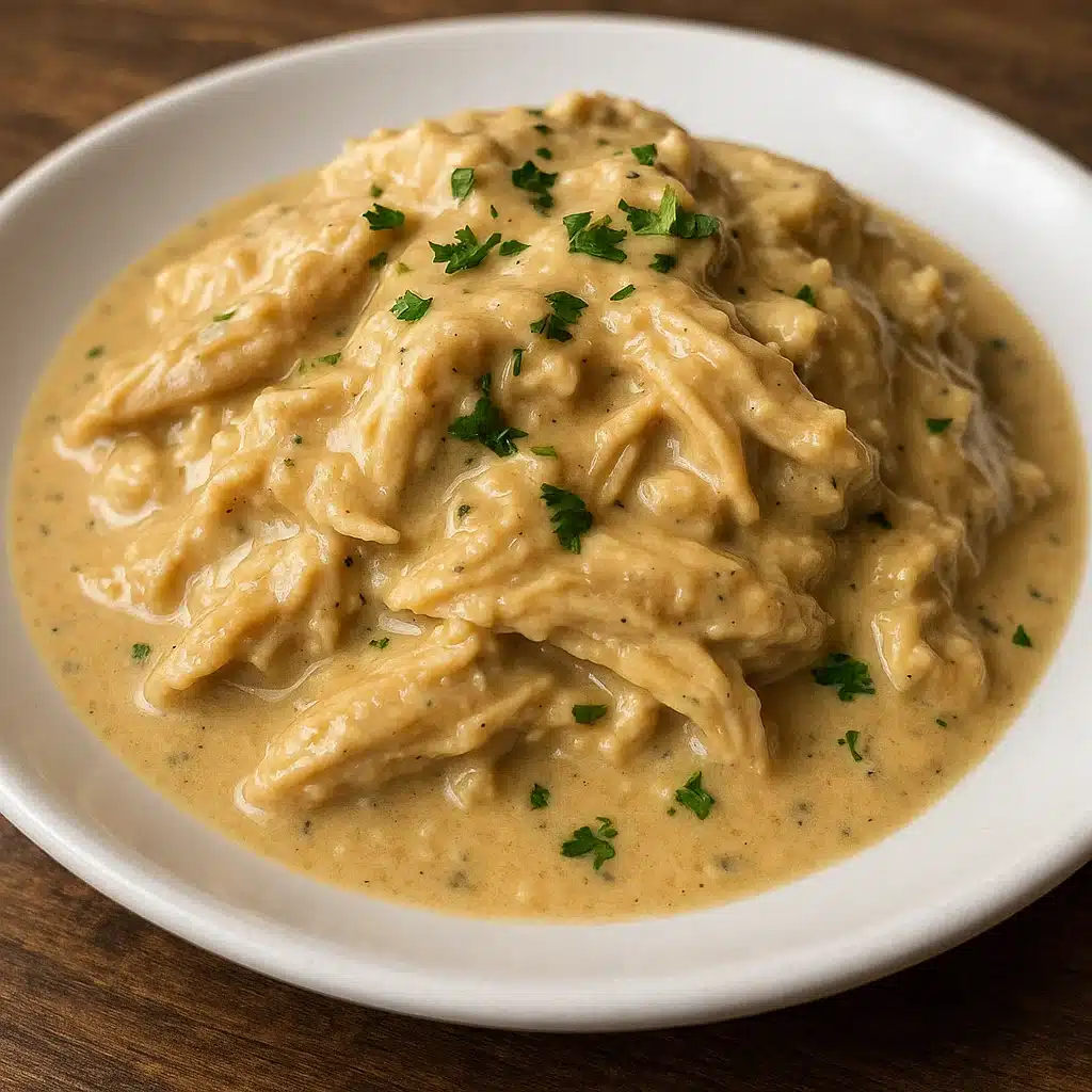 Tender shredded crock pot ranch chicken in creamy white ranch sauce served over white rice in a white bowl with fresh parsley garnish