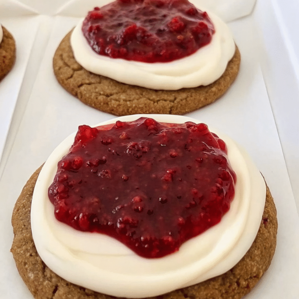Homemade raspberry cheesecake cookies with visible raspberry pieces and graham cracker crumbs, fresh from the oven