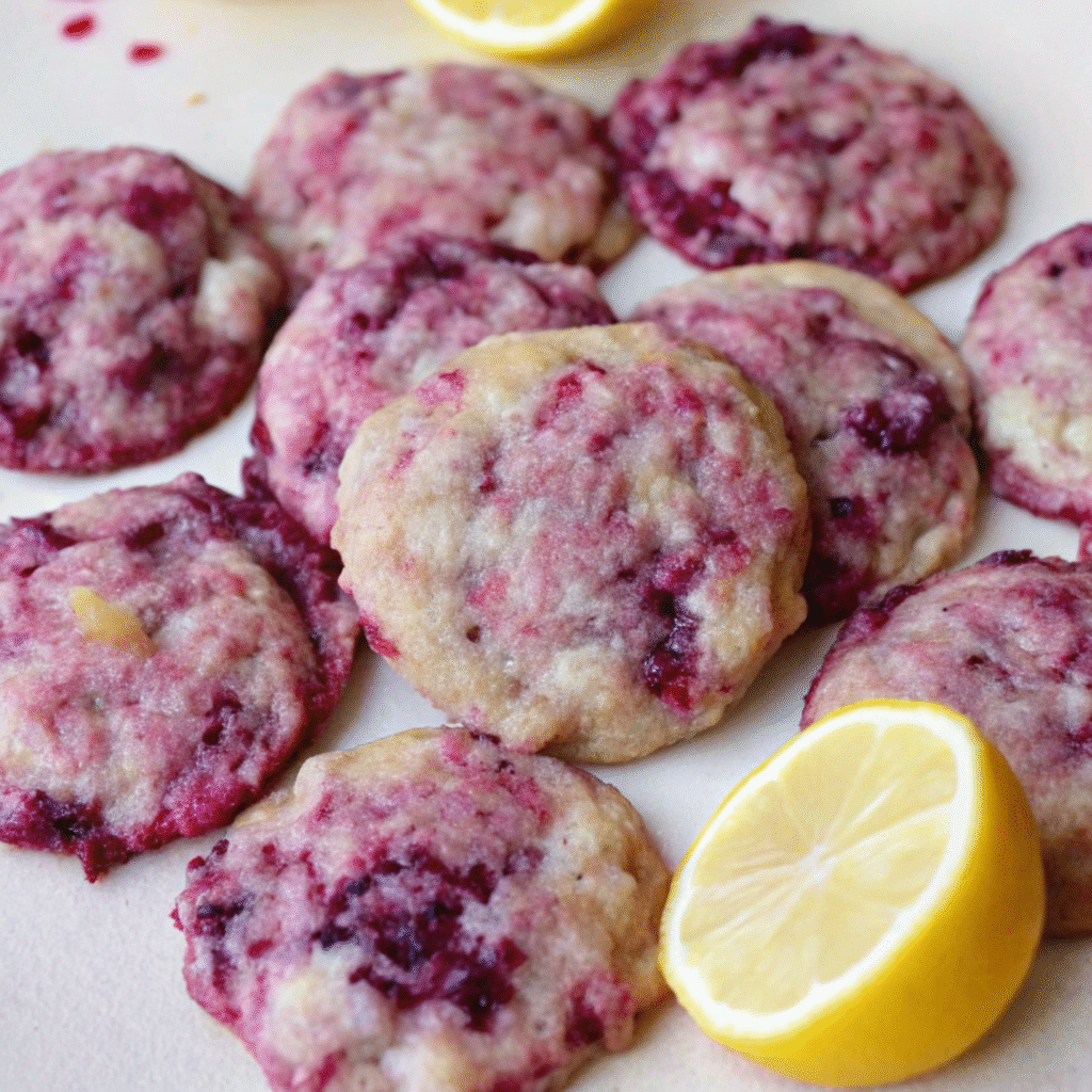 Soft, golden lemon raspberry cookies on a white plate, showing visible raspberry pieces and a tender, chewy texture