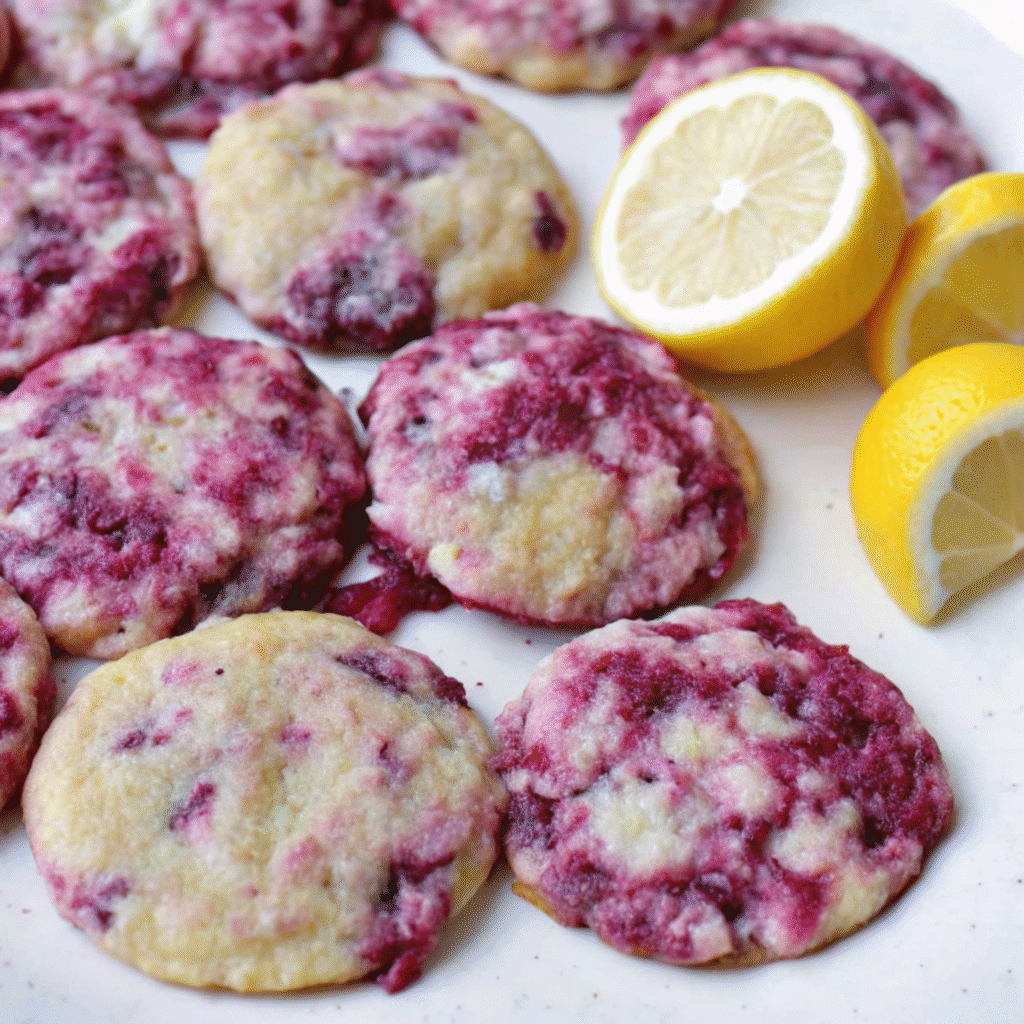 Soft, golden lemon raspberry cookies on a white plate, showing visible raspberry pieces and a tender, chewy texture