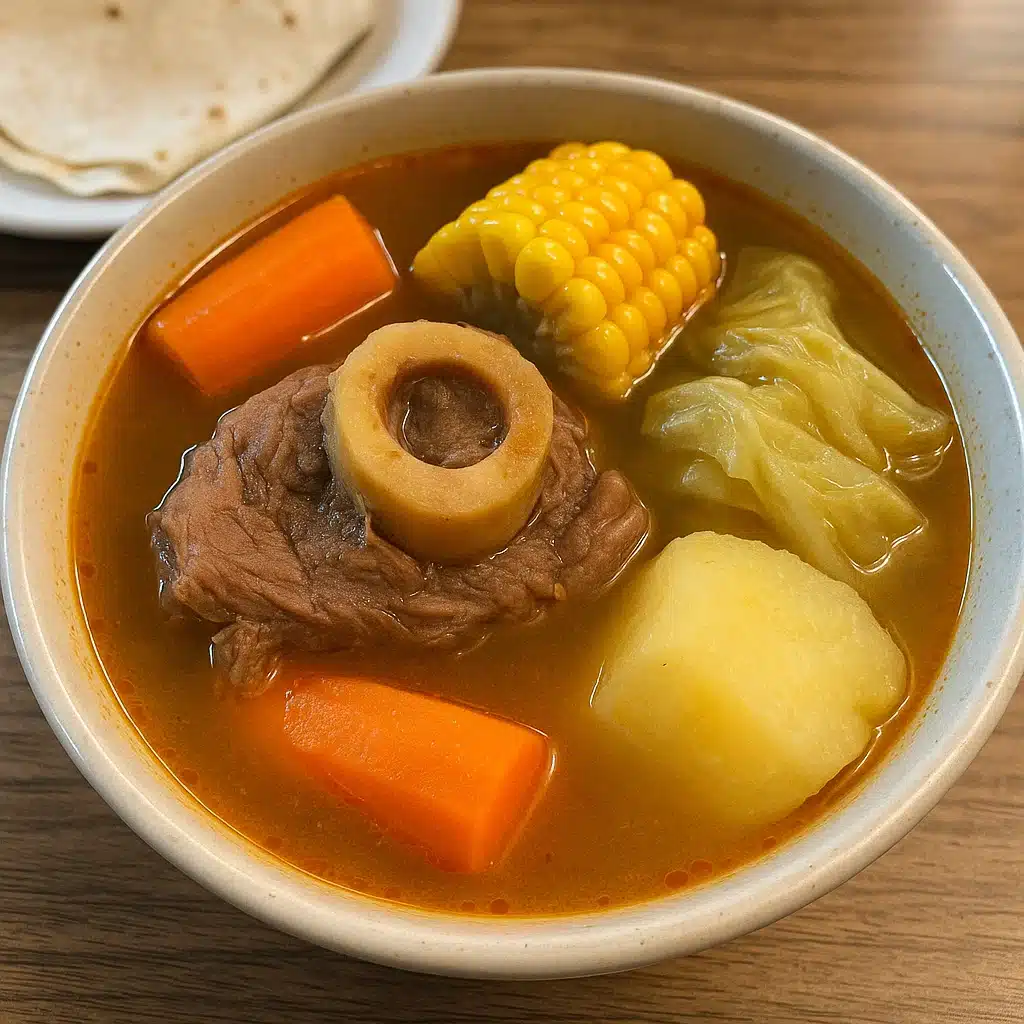 Home Page 3 Bowl of authentic Mexican Caldo de Res with tender beef chunks, fresh corn on the cob, potatoes, zucchini, and colorful vegetables in clear golden broth, garnished with cilantro and served with lime wedges