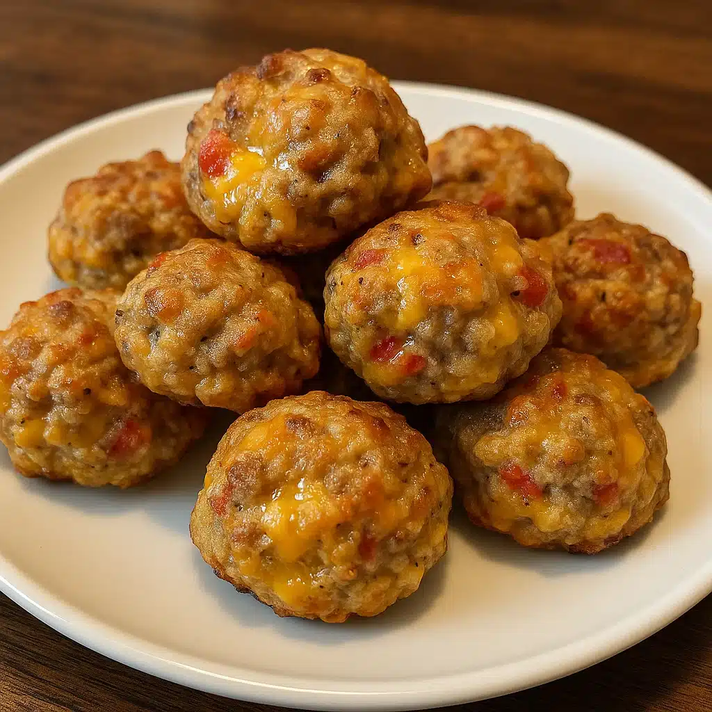 Golden brown Rotel sausage balls on a white serving platter with small bowls of dipping sauce