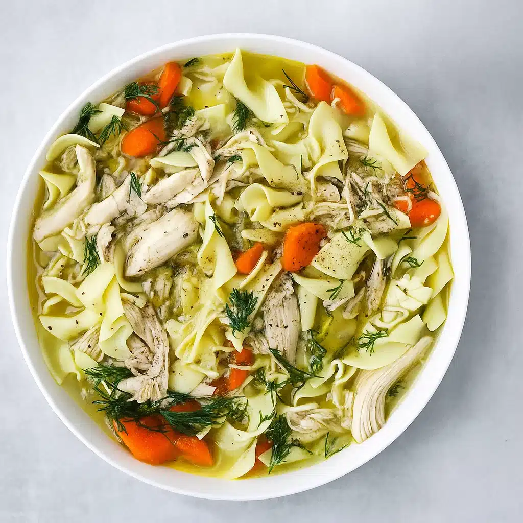 A steaming bowl of homemade rotisserie chicken noodle soup with tender vegetables, perfectly cooked pasta, and rich, golden broth