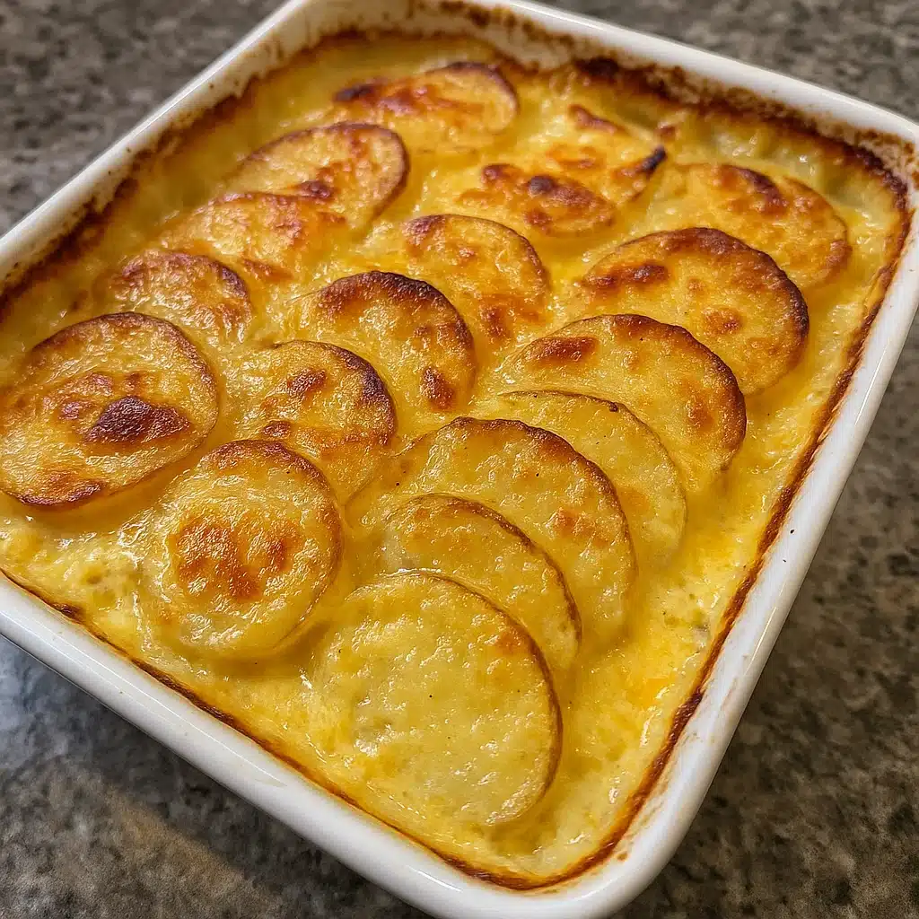 Home Page 2 Golden brown scalloped potatoes in a baking dish with bubbling cheese on top, showing layers of tender sliced potatoes in creamy sauce