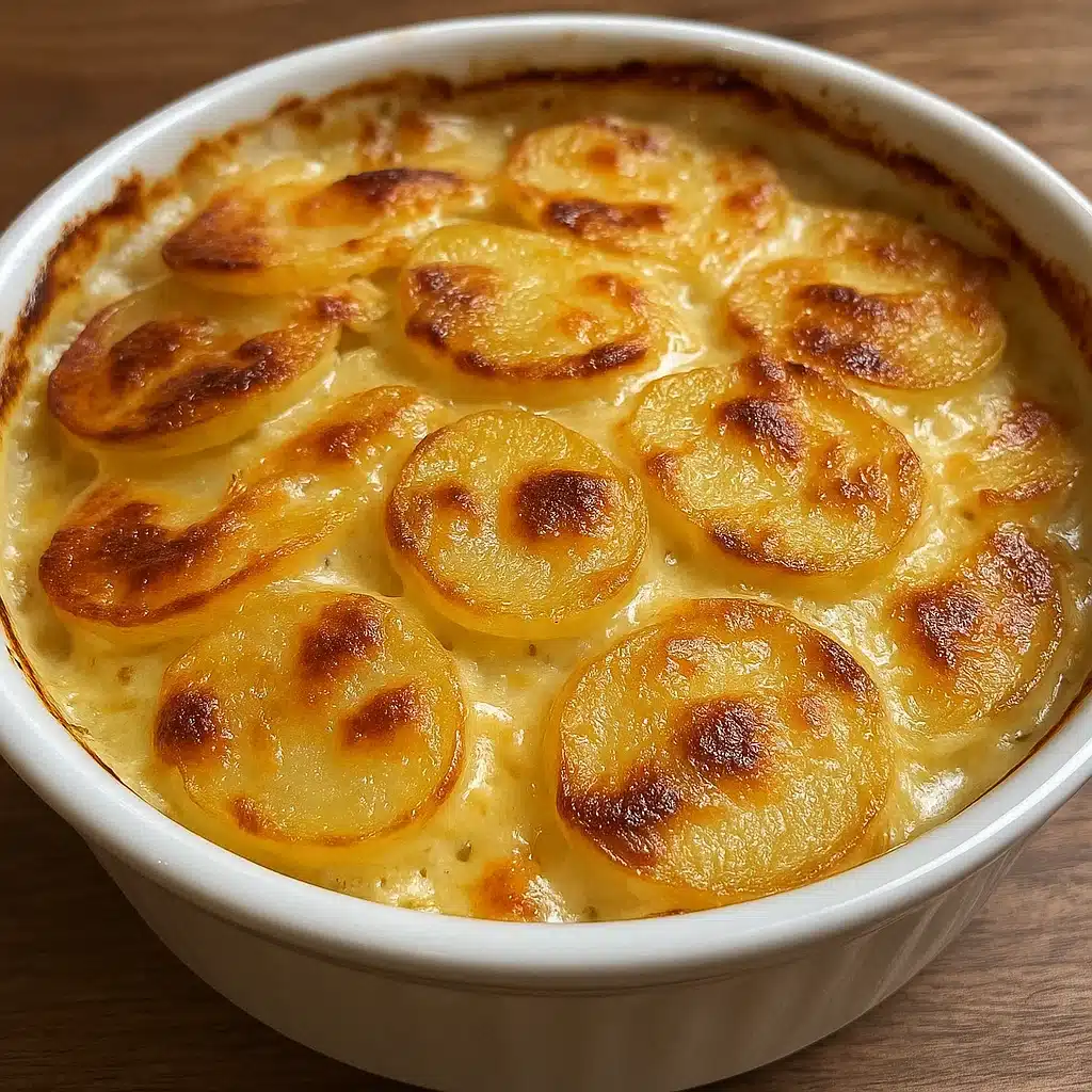 Golden brown scalloped potatoes in a baking dish with bubbling cheese on top, showing layers of tender sliced potatoes in creamy sauce