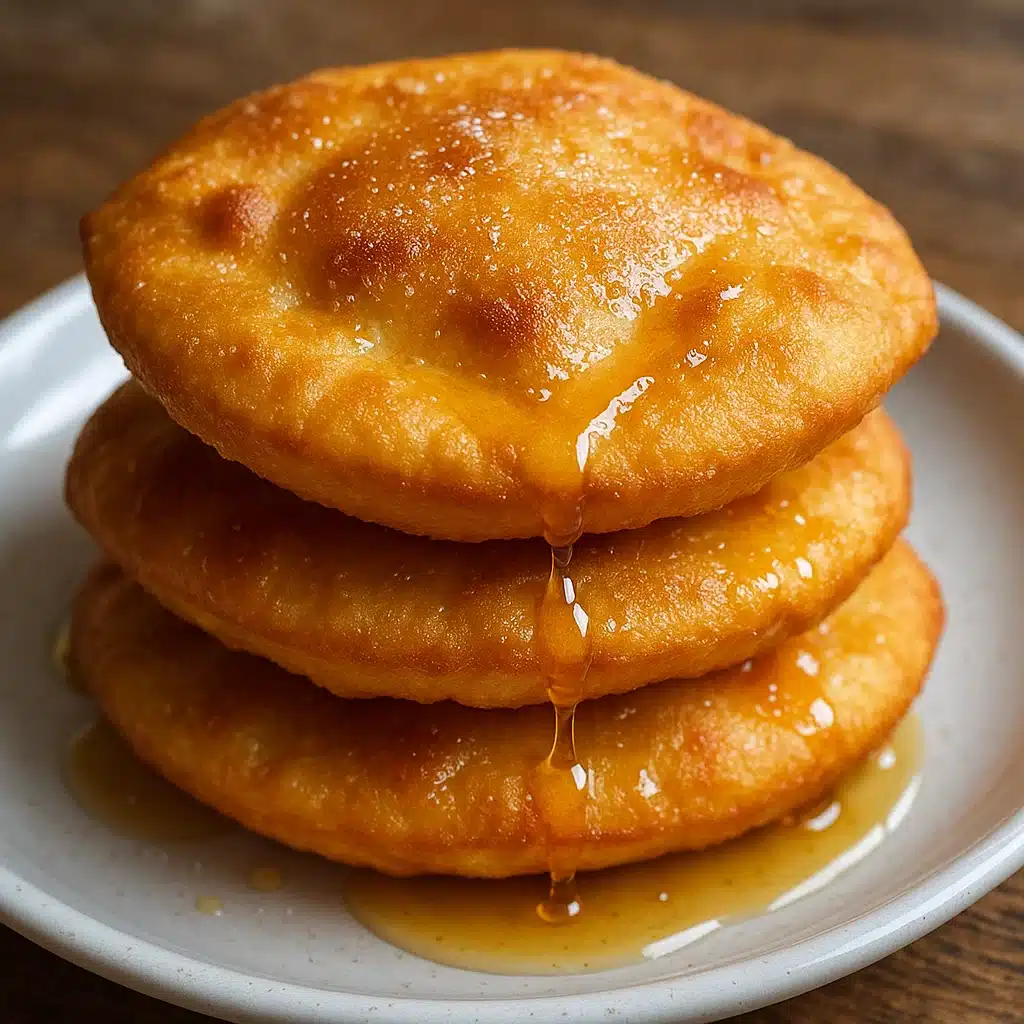 Home Page 4 Nine puffy golden sopaipillas on weathered wooden plate, some dusted with powdered sugar, ceramic honey pot with wooden dipper, natural morning light