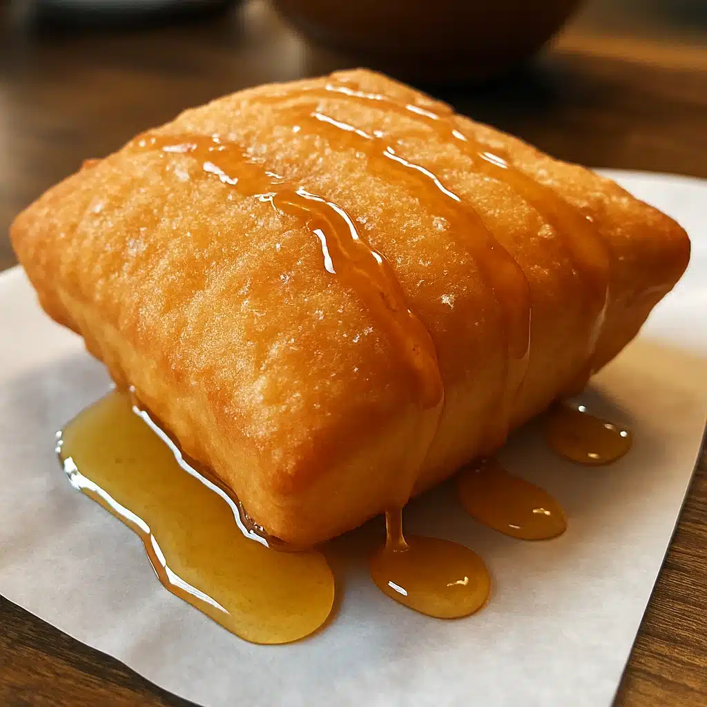 Nine puffy golden sopaipillas on weathered wooden plate, some dusted with powdered sugar, ceramic honey pot with wooden dipper, natural morning light