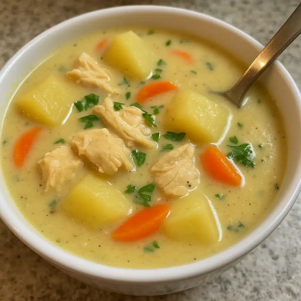 A bowl of creamy chicken potato soup garnished with crispy bacon pieces and green onions, served with crusty bread