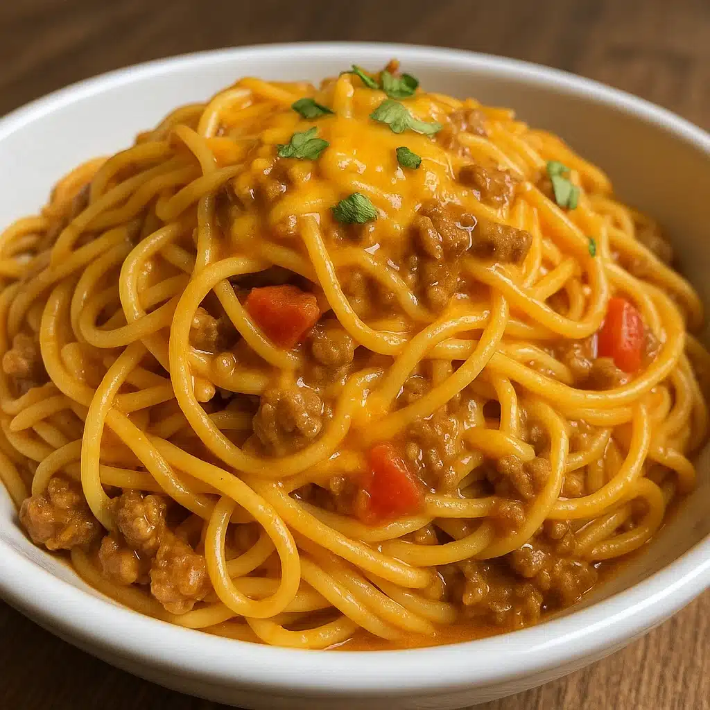 This easy Taco Spaghetti brings together the best of Italian and Mexican cuisines in one satisfying weeknight dish that the whole family will devour