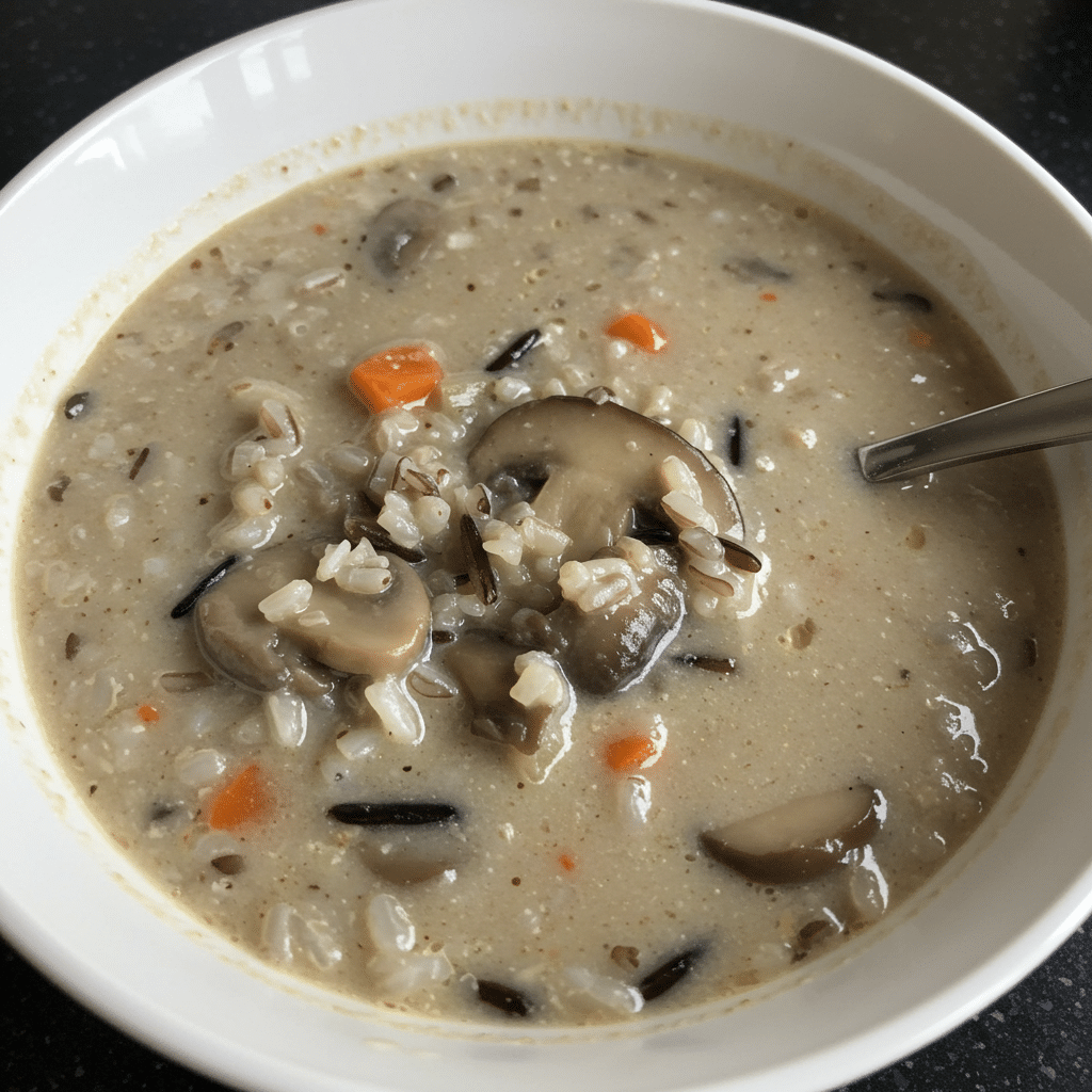 Steaming bowl of creamy wild rice and mushroom soup with golden brown mushrooms floating on top, served with crusty bread on a wooden kitchen table