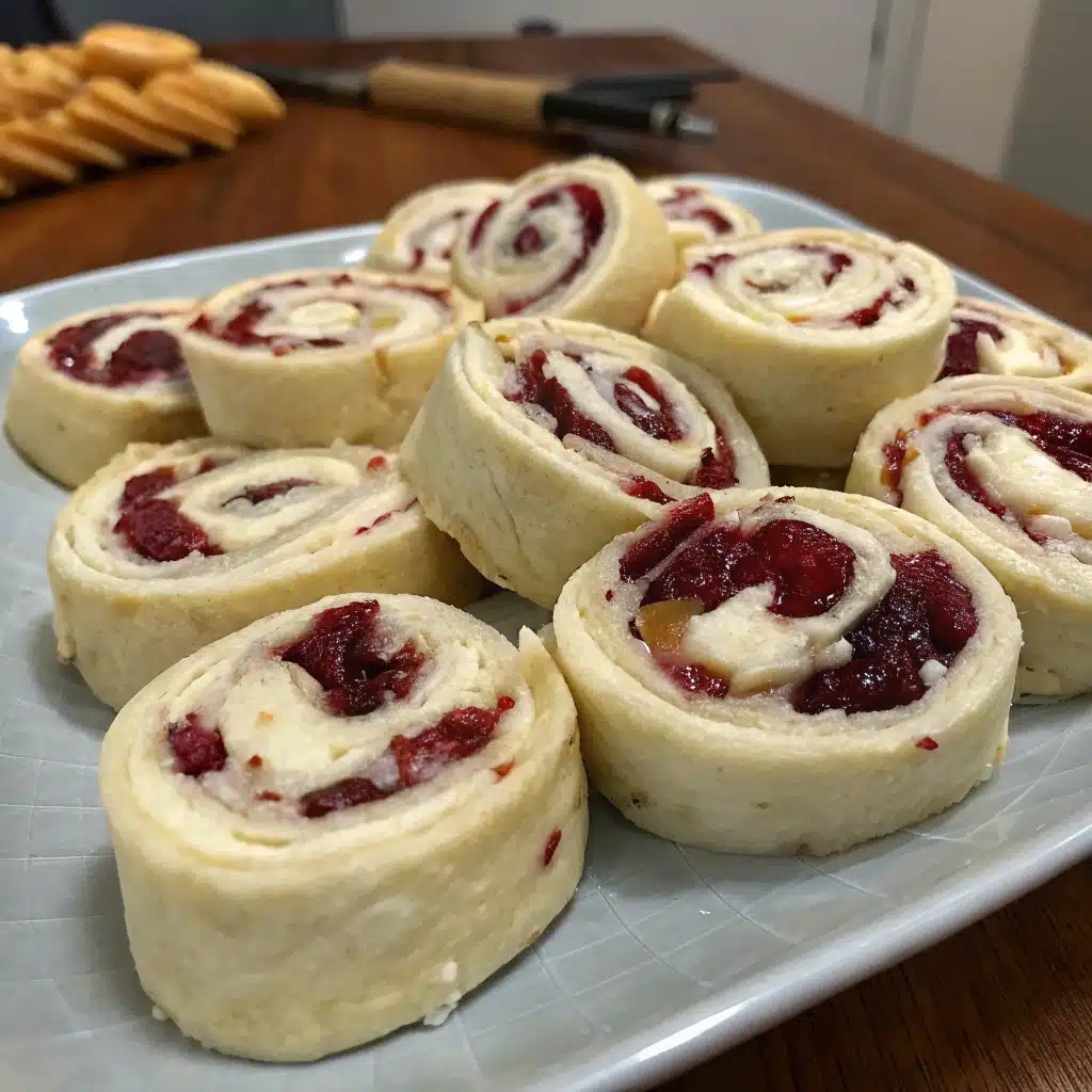 Home Page 2 Colorful cranberry roll ups sliced into pinwheels on a white platter, showing creamy filling with red cranberries and green chives