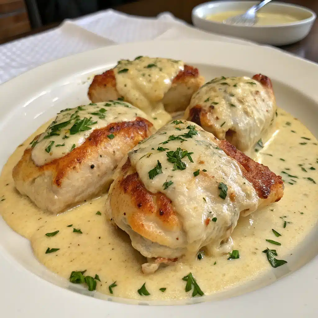 Home Page 4 Golden-brown seared Chicken Pillows With Creamy Parmesan Sauce covered in creamy white Parmesan sauce, garnished with fresh green parsley, served in a cast iron skillet.